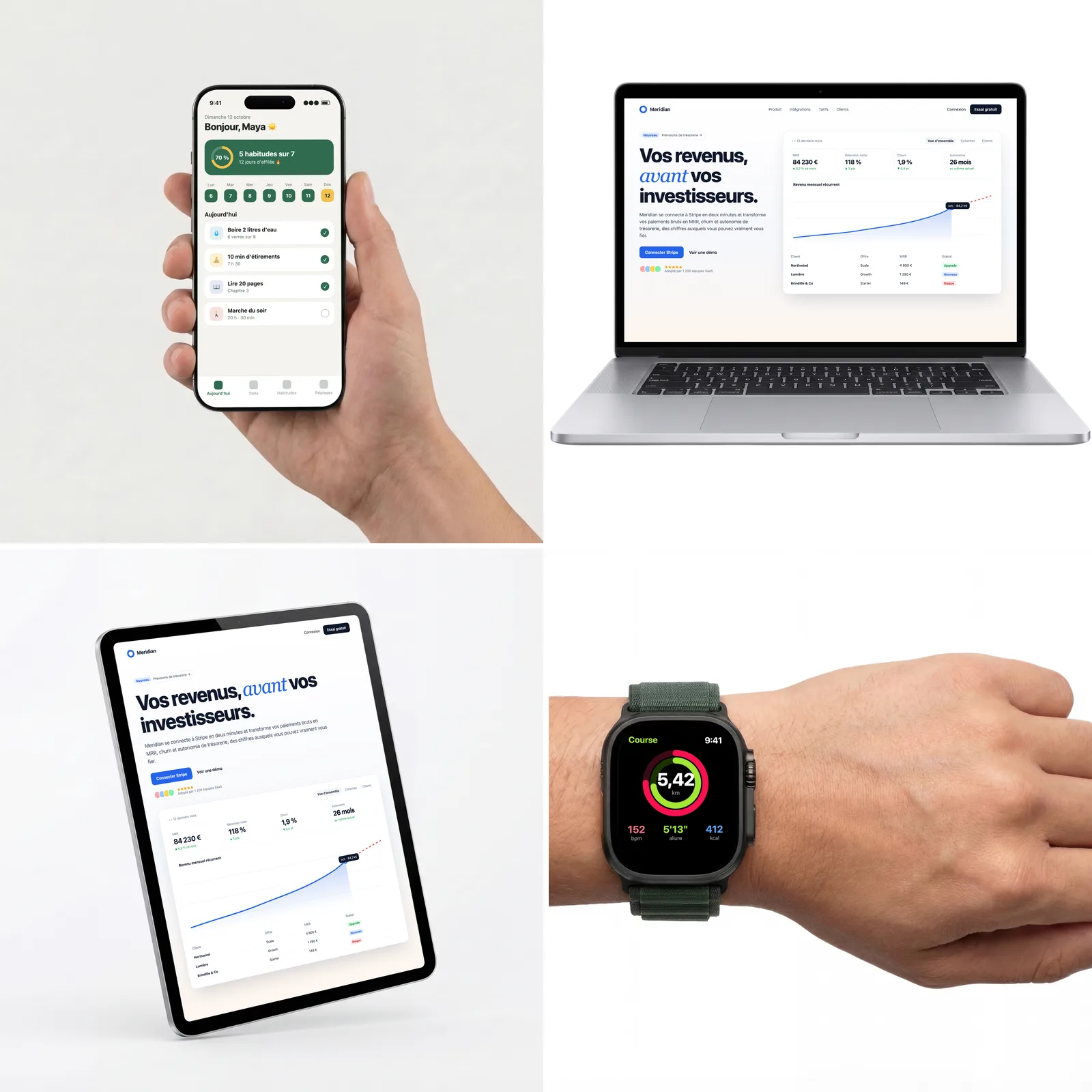 Quatre templates MochiMockup gratuits : un iPhone tenu en main, un MacBook Pro sur fond blanc, un iPad Pro qui flotte et une Apple Watch au poignet