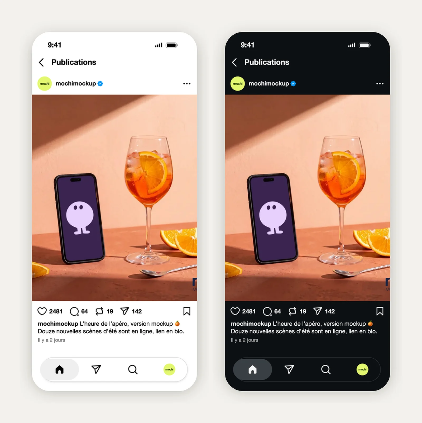 Le même mockup de post Instagram côte à côte en mode clair et en mode sombre