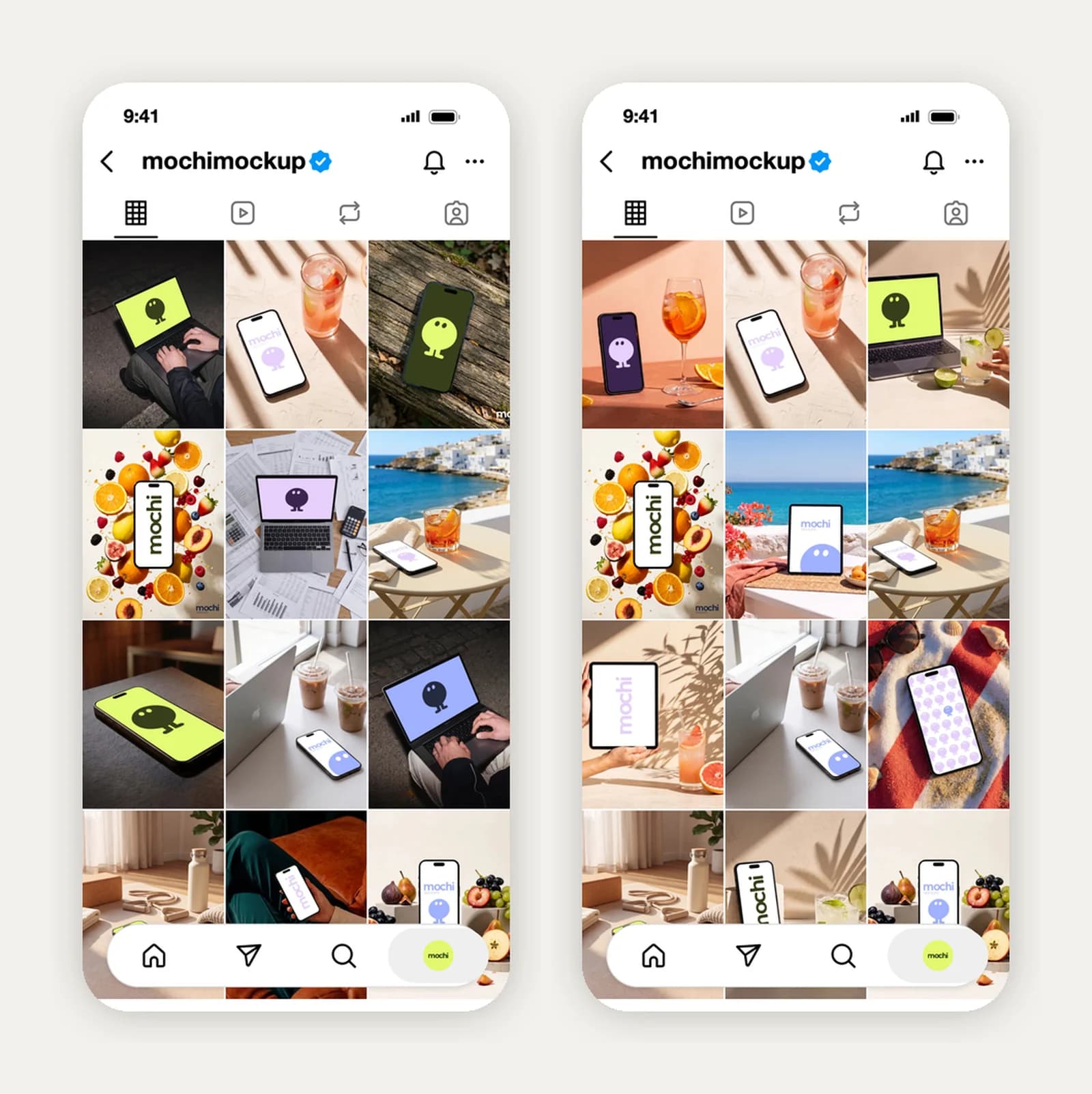 Deux grilles Instagram côte à côte : à gauche des photos sombres et claires mélangées au hasard, à droite des photos chaudes qui alternent gros plans et plans larges