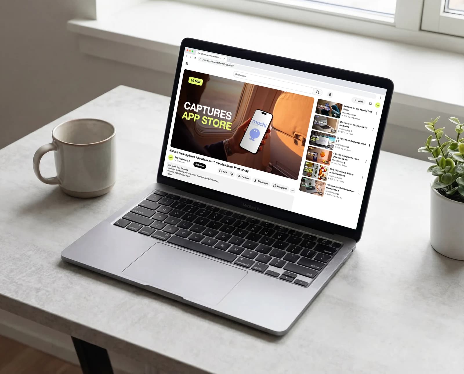 MacBook sur un bureau près d'une fenêtre affichant une page vidéo YouTube avec une miniature « Captures App Store » et les vidéos suggérées à côté