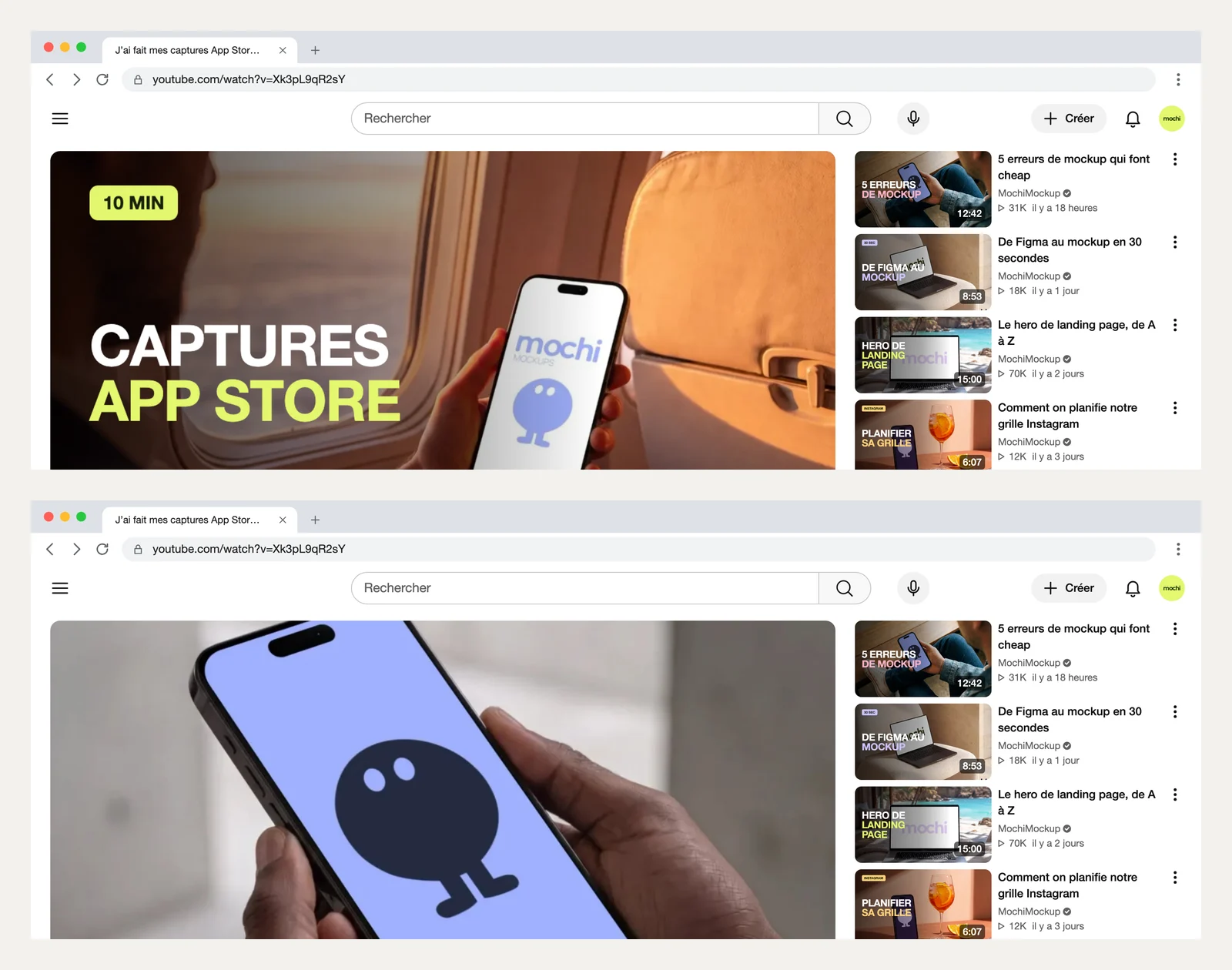 Deux versions de la même page vidéo YouTube : une miniature avec les mots Captures App Store, une autre avec un gros plan de téléphone et « En 10 min »