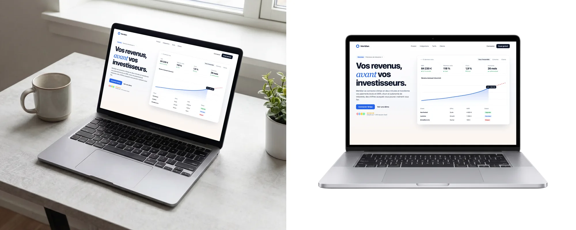 La même page SaaS sur un MacBook de trois quarts sur un bureau, à côté d'un MacBook vu de face, détouré sur fond blanc