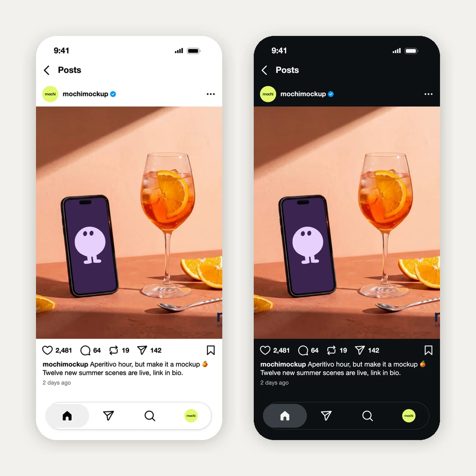 The same Instagram post mockup side by side in light mode and dark mode