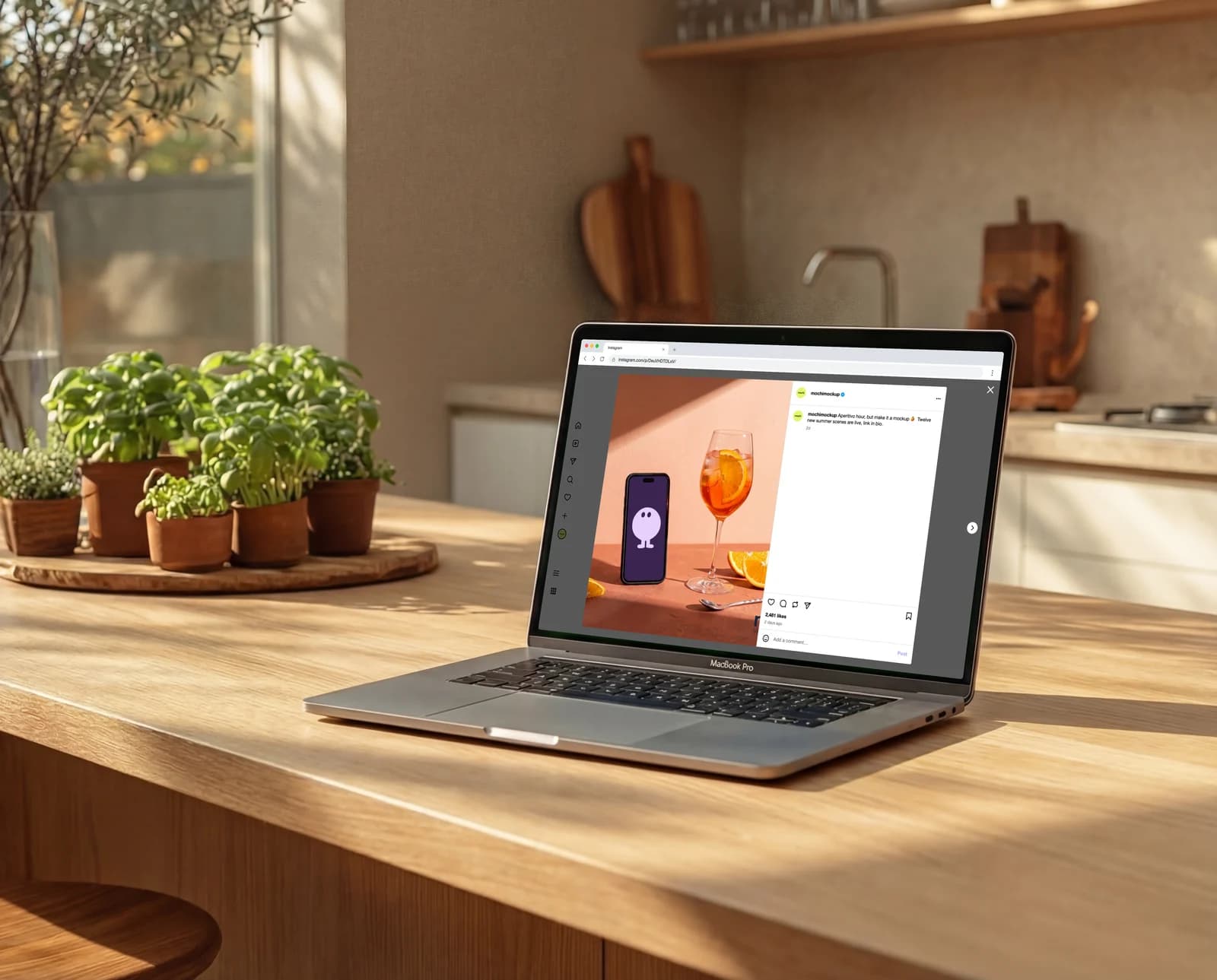 MacBook on a wooden kitchen island showing the Instagram post open on instagram.com, photo on the left and caption on the right