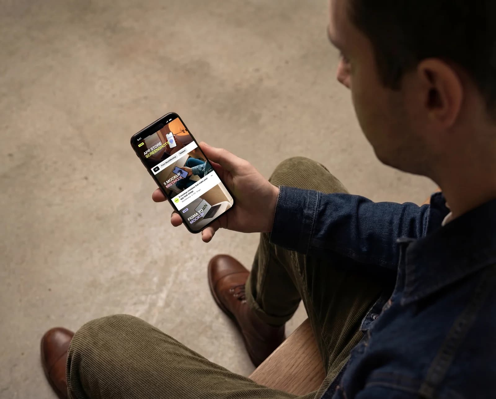 Man sitting on the floor holding an iPhone that shows the YouTube app with the thumbnail and the next videos below it