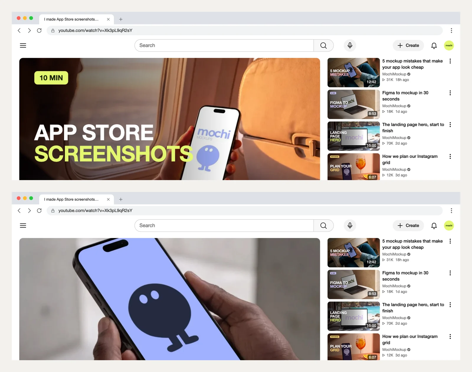 Two versions of the same YouTube watch page: one thumbnail with the words App Store screenshots, one with a big phone close-up and “10 min shots”