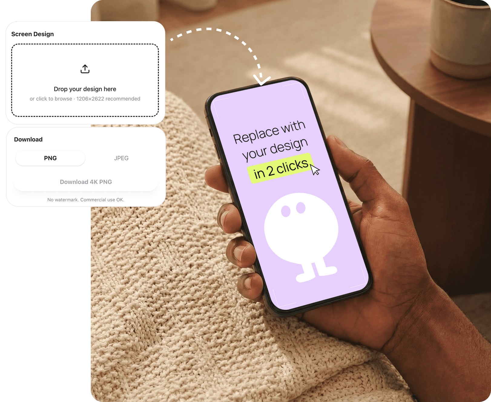 Photorealistic iPhone mockup with the Mochi mascot and the upload-and-export workflow