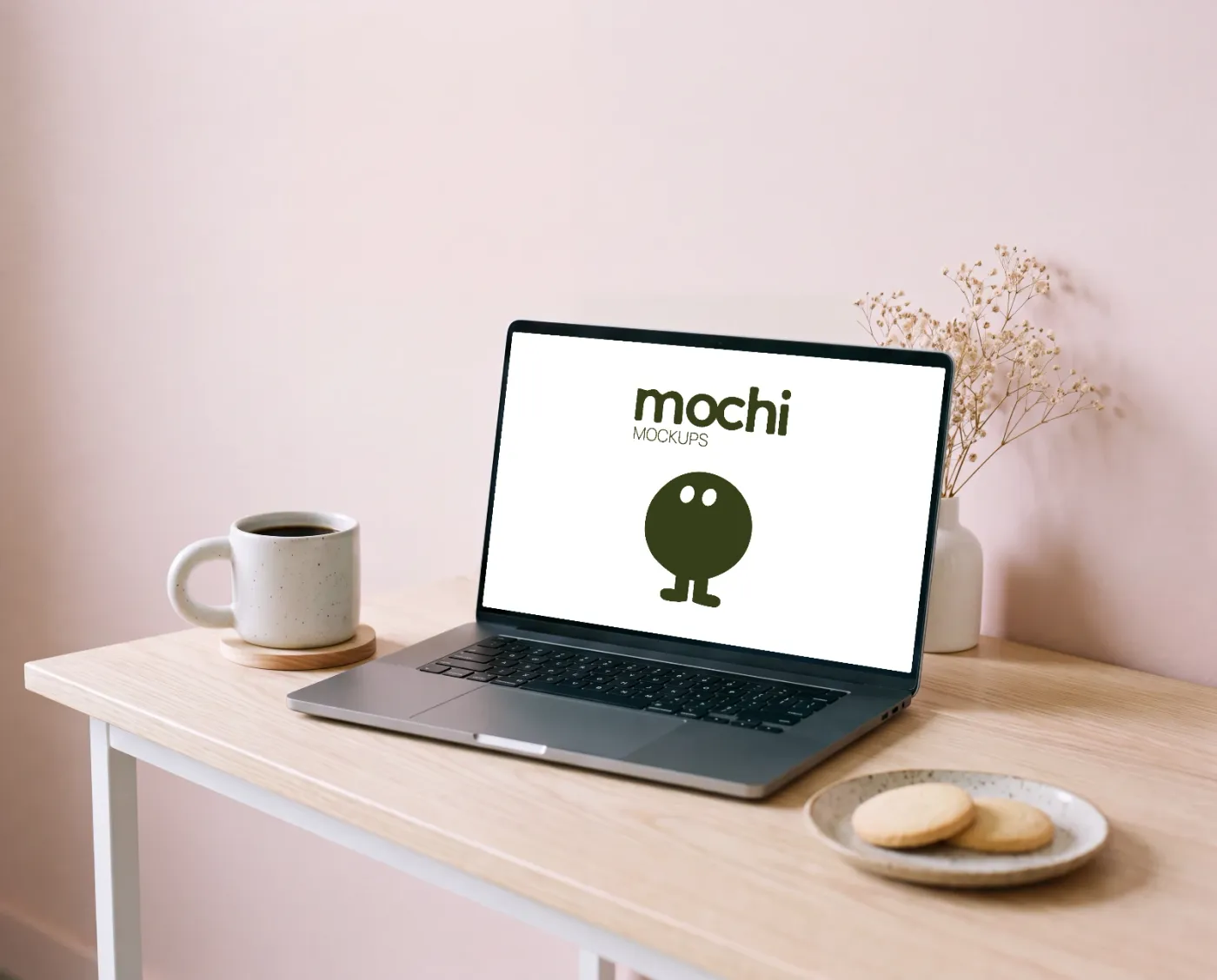 Laptop mockup on a surface, desk & work scene — Blush Wall Oak Desk Coffee Display