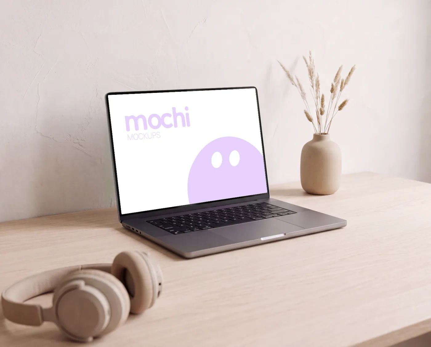 Laptop mockup on a surface, desk & work scene — Pale Oak Headphones Laptop Display