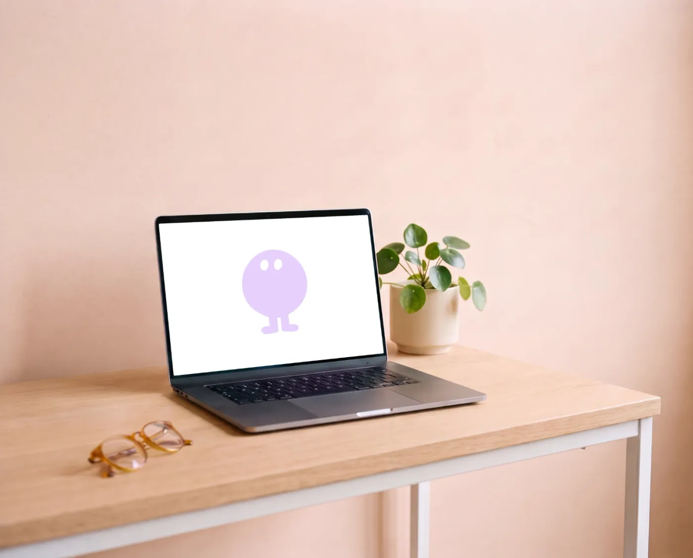 Laptop mockup on a surface, desk & work scene — Peach Wall Oak Desk Display