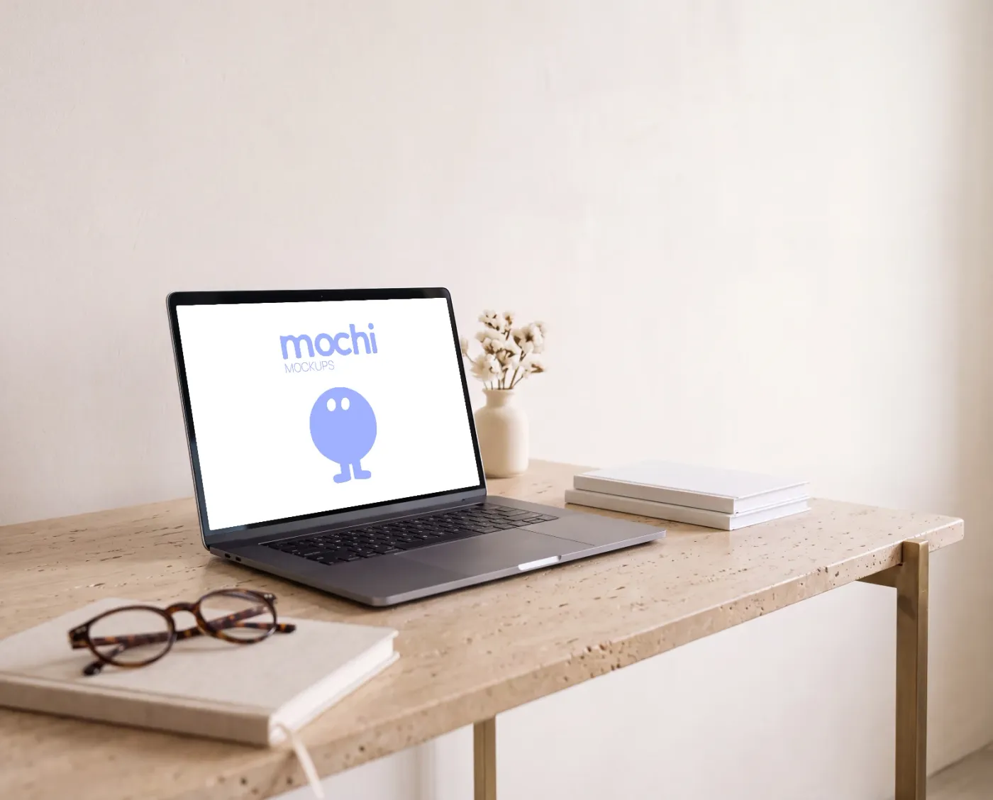Laptop mockup on a surface, desk & work scene — Travertine Brass Desk Display