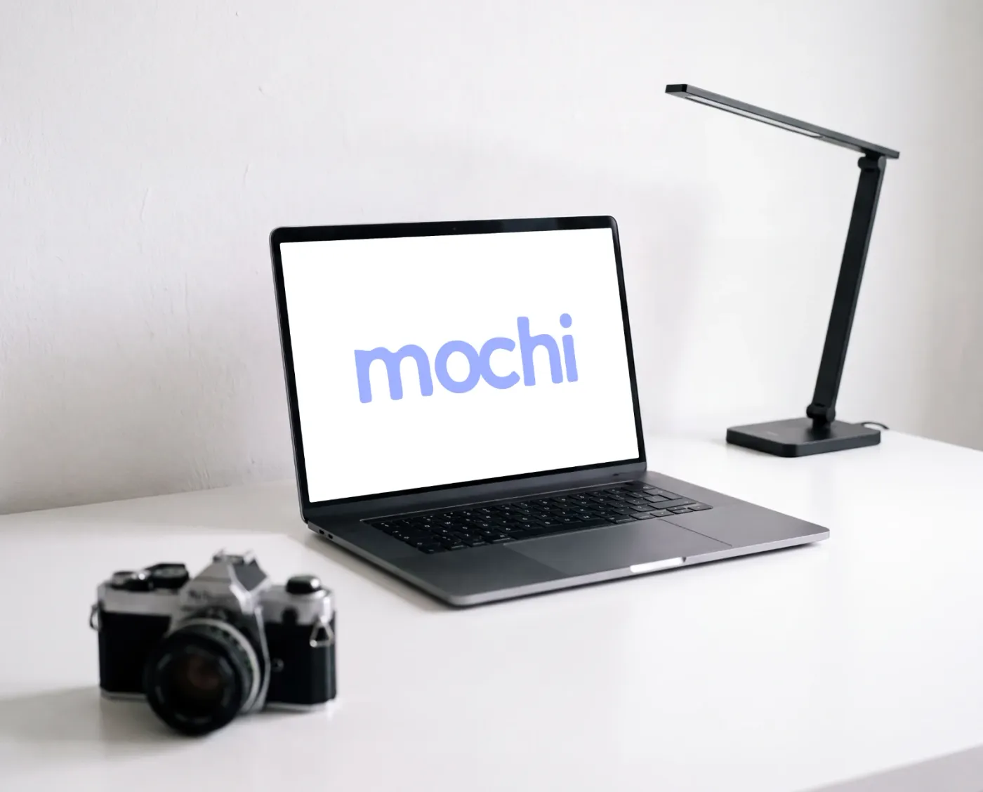 Laptop mockup on a surface, desk & work scene — White Desk Lamp Laptop Display
