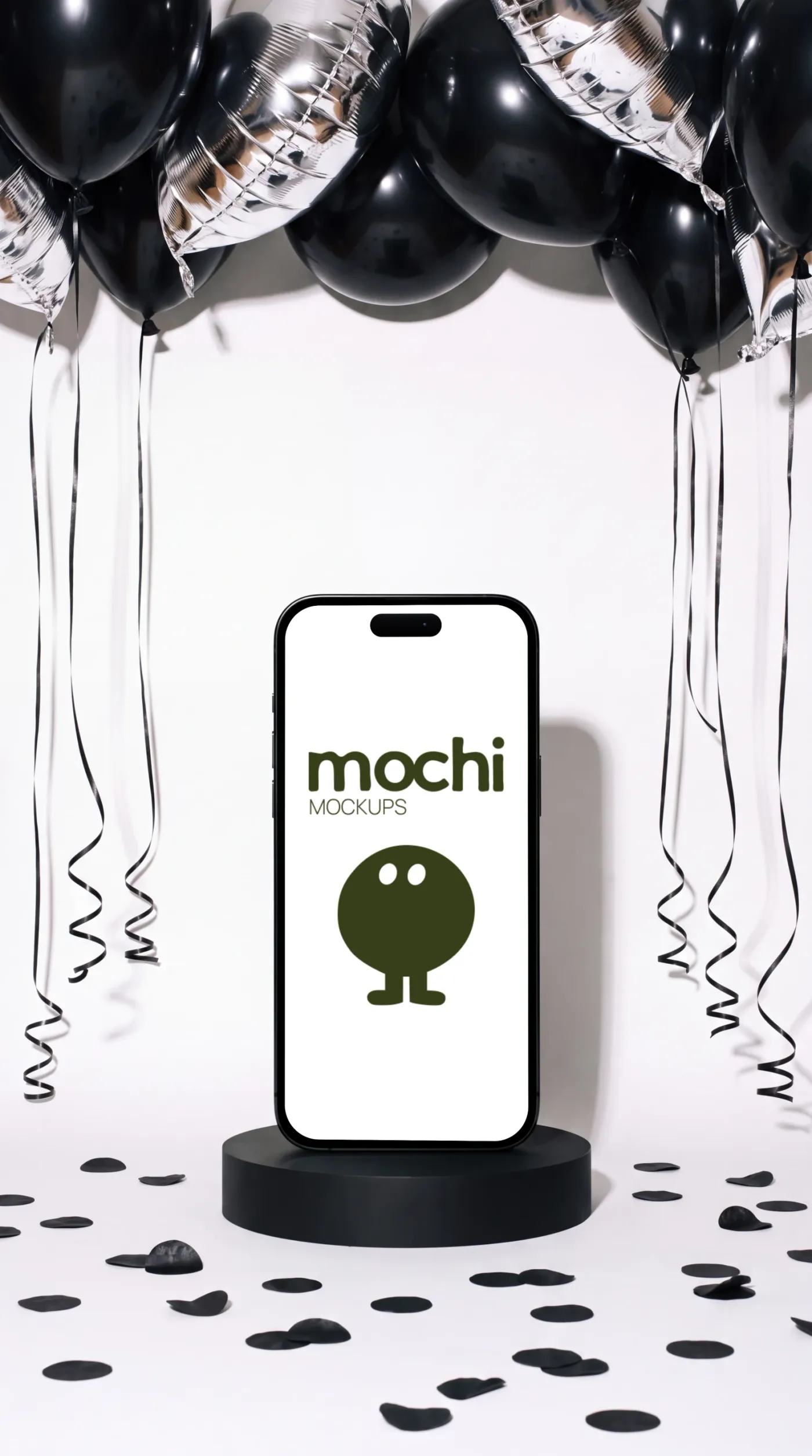 Phone mockup on a surface, studio scene — Black Balloon Podium Display
