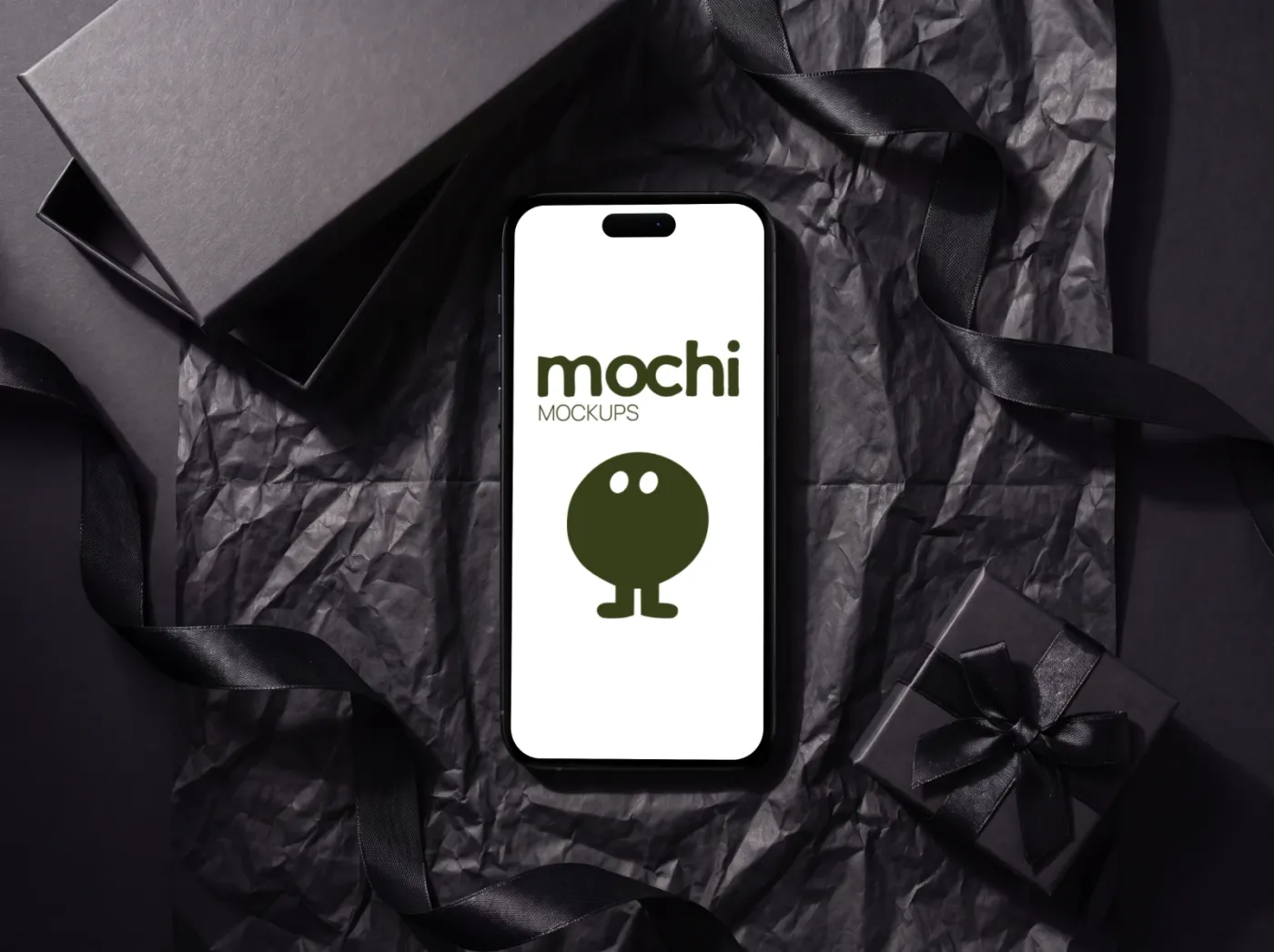 Phone mockup on a surface, textures & materials scene — Black Satin Ribbon Gift Flatlay