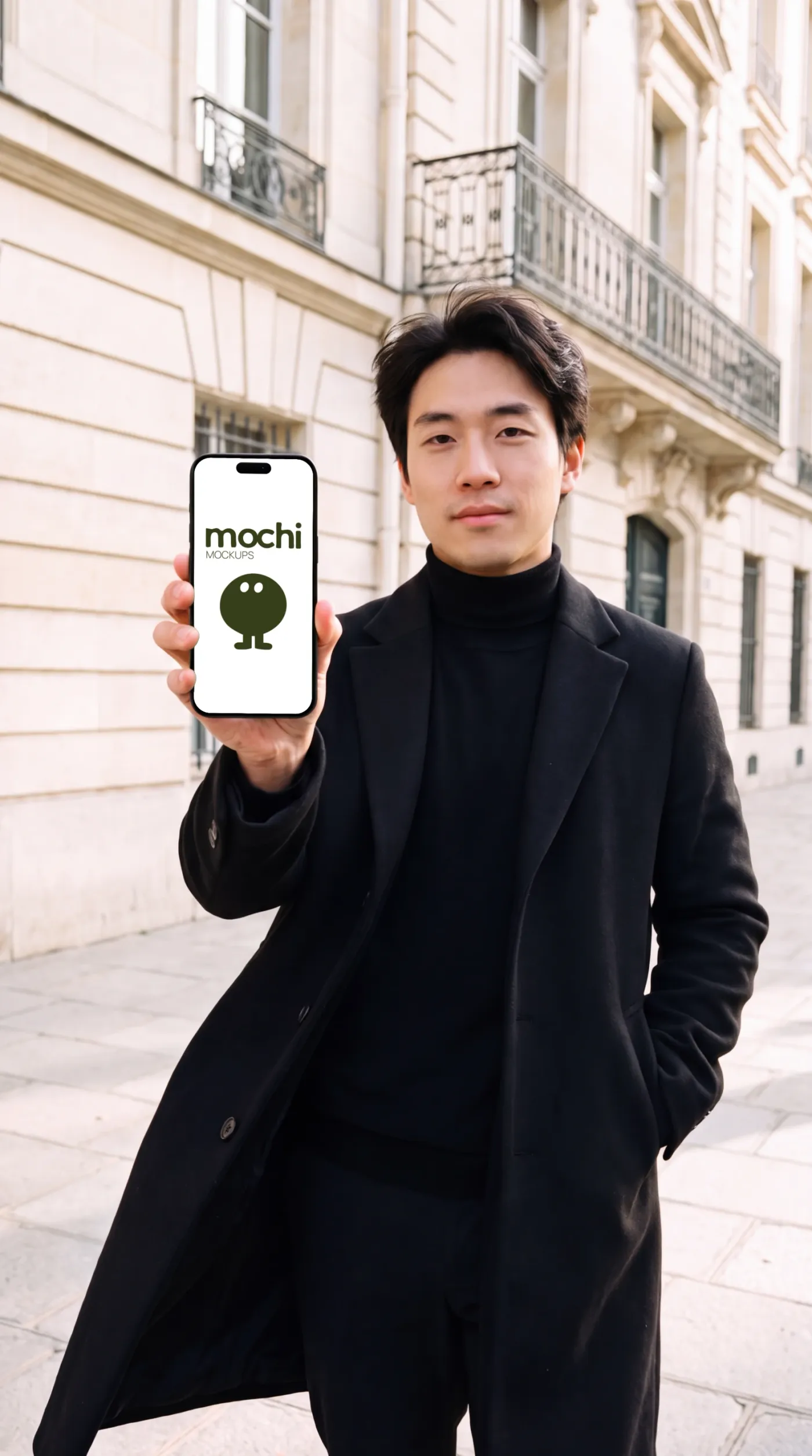 Phone mockup held in hand, urban scene — Parisian Black Coat Street Handheld